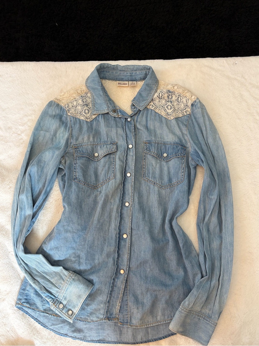 Mudd Light Blue Denim Button-Down Shirt with Cream Lace Yoke